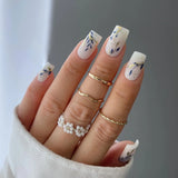 Qfdian 24Pcs Mid-length Ballet False Nails with White Wave Line Design Pink French Press on Nails Wearable Coffin Full Cover Fake Nail
