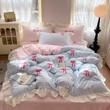 Qfdian  Korean Style Bedding Sets Pink Grid Bow Quilt Cover Romantic Bed Sheet Sets Woman Girls Bedroom Duvet Cover 4pcs