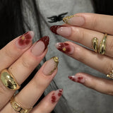 Qfdian  24pcs Sweet Pink Flower Press On Nails Glossy Short Almond Full Cover Stick-on Nails Gold Stripe Blush Artificial False Nails