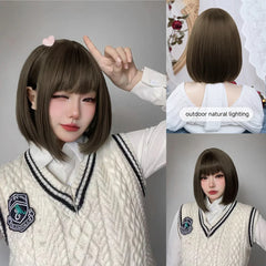 Qfdian 12Inch Lolita Tea Brown Preppy Style Synthetic Wigs With Bang Short Natural Straight Hair Wig For Women Daily Use Heat Resistant