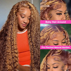 Qfdian 13x6 HD Brown Lace Front Wig Honey Blonde Curly Human Hair Wigs Ombre Highlight Wig Human Hair Deep Water Wave Lace Frontal Wig