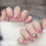 Qfdian  Blush Pink Handmade Fake Nails Sweet Strawberry Flower Designed Wearable Press on Nails Full Cover False Nail for Women Girls