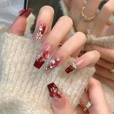 Qfdian  24pcs Floral Coffin Nails Set Press on Nails Cat Eye Fake Nails Butterfly Flower Design False Nails Wearable Manicure Nail Tips
