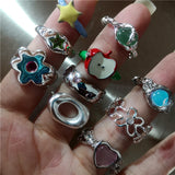 Qfdian Korean Fashion Cute Heart apple Star Geometric Open Metal Ring For Women Y2K Gothic Creative Charm Grunge Jewelry Accessories