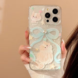 Qfdian Elegant pearl blue bow bracelet capa for iphone 13pro 15pro 11 13 12 13promax 14 15 pro max 14pro cute cat shiny star phone case