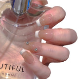 Qfdian Handmade Press on Nails French Pink Gradient Short Fake Nails Rhinestone Design False Nail Tips Wearable Reusable Nail Tip