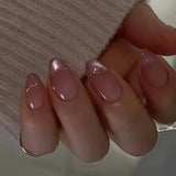 Qfdian 24Pcs Golden French Fake Nail with Almond Head Design Simple Oval False Nails Wearable Press on Nails Full Cover Nail Tips