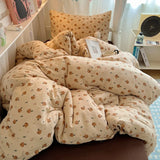 Qfdian  Bedding Set Double Layered Yarn INS Girls Mushroom Soft Washed Cotton Bed Sheet Queen King Size Duvet Set Pillowcase Bed Sheet