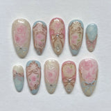 Qfdian  24pcs Finished False Nail Flower Design Short Almond Nails Set Press on Rhinestone Pink Fake Nail Datachable Golden Bow Manicure