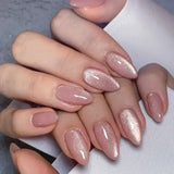 Qfdian  24Pcs Mid-length Almond Ballet False Nails Simple Cat Eye Design Press on Fake Nail Wearable Full Cover Nail Tips Manicure Tools