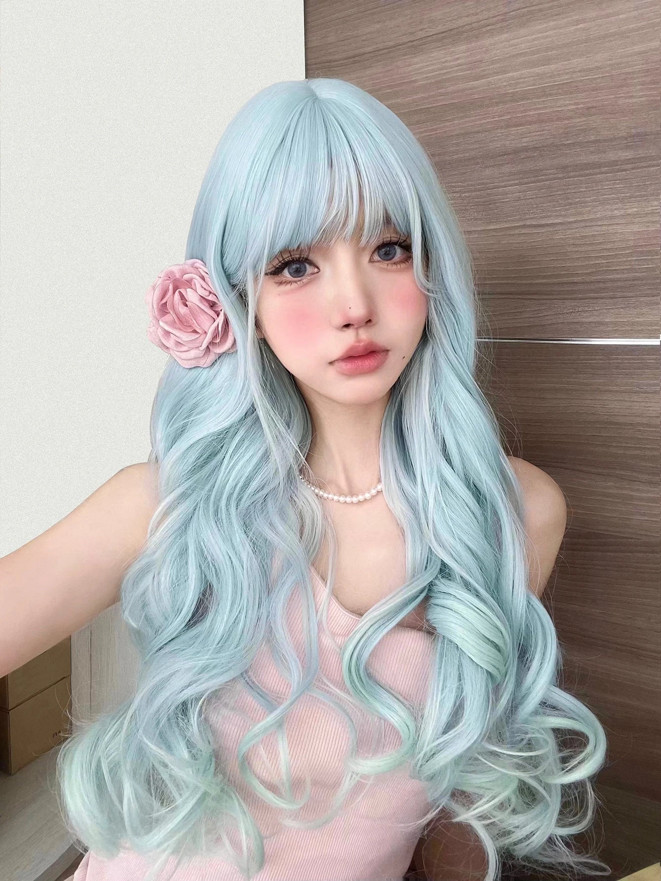 Qfdian 24Inch Sky Blue Refreshing Lolita Synthetic Wigs With Bang Long Natural Wavy Hair Wig For Women Daily Cosplay Heat Resistant