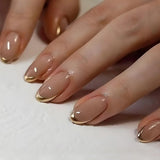 Qfdian 24Pcs Golden French Fake Nail with Almond Head Design Simple Oval False Nails Wearable Press on Nails Full Cover Nail Tips