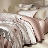 Qfdian Flower Jacquard Color Blocking Luxury Bedding Set Lyocell Cotton Soft Silky Duvet Cover Flat/Fitted Bed Sheet Pillowcases 4Pcs