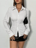 Qfdian  Women Striped Button Down Shirt Slim Fit Long Sleeve Streetwear Office Work Commuting Casual Button Collar Shirt