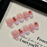 Qfdian 10Pcs Cute Dot French Handmade False Nails Press On Nails Wearable Fake Nails Short Oval With Bow Small Love Diamond Decor Nails