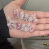 Qfdian  10pcs Sweet Pink Plaid Press on Nails Heart Butterfly False Nails French Bowknot Nail Cute Coffin Handmade Fake Nails for Girls