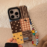 Qfdian  Retro Polka-Dot Patchwork Phone Case,For IPhone 17 16 Pro Max Case 15 14 13 12 11 ,imitation Leather Lanyard Covers Funda