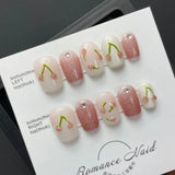 Qfdian  Blush Pink Handmade Fake Nails Sweet Strawberry Flower Designed Wearable Press on Nails Full Cover False Nail for Women Girls
