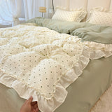Qfdian  Korean Ruffle Polka Dot Duvet Cover Set for Girls Cute Soft Washed Cotton Bedding Set with Pillowcases Sheet Queen Size