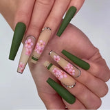Qfdian  24Pcs Long Coffin False Nails Pink French Flowers Design Fake Nail with Butterfly Rhinestone Wearable Ballet Press on Nails