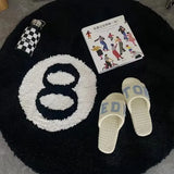 Qfdian 1 Pack Black Billiards 8 Ball Round Flocked Floor Bedroom Anti-Slip Carpet Mat Living Plush Soft Bedroom Rug