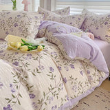 Qfdian Floral print French Style Bedding Set Bubble cotton Duvet Cover Set Washed Cotton Flat Sheet set Queen For Girl Decor Home