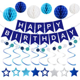 Qfdian  Blue Birthday Party Decoration Honeycomb Balls Happy Birthday Banner Hanging Swirls Circle Dots Garland Boy Birthday Party Decor
