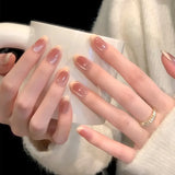 Qfdian  24Pcs Mid-length Almond Ballet False Nails Simple Cat Eye Design Press on Fake Nail Wearable Full Cover Nail Tips Manicure Tools