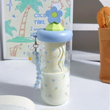 Qfdian  Cute Flower Tea Glasses With Straw Tumbler Glass Water Bottle For Girls Large Capacity Cold Coffee Juice Cups Drinking Utensils