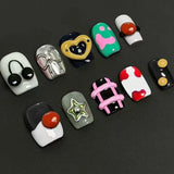 Qfdian  10pcs Sweet Cool Y2K Style Press on Nails 3D Cartoon Fake Nail Bow Heart Hand Painted False Nails Short Colorful Almond Nail Art