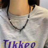 Qfdian  Punk Y2K Grunge Black Star Pendant Beaded Silver Color Chain Choker Necklace For Women Men Goth Charm EMO 2000s Jewely Accessory