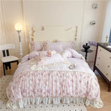 Qfdian  Princess Style Duvet Cover Sets with Lace Embroidery Bed Cover for Girls  Queen/King Size Soft Pink Bedding with Ruffles