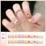 Qfdian  24pcs Bowknots Love Heart Pattern Press On Nails Cute Fresh Short Round French Style False Nails Korean Sweet Wearable Fake Nail
