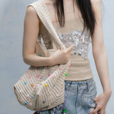 Qfdian  Trendy Grunge Vintage Tote Bags Fashion Women Casual Crochet Handbags All Match Hollow Out Shoulder Underarm Bag Y2k Aesthetic