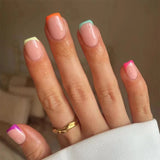 Qfdian 24Pcs Spring Colorful French Fake Nail with Designs Short Square Head Press on False Nails Wearable Simple Jelly Sticks on Nails