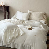 Qfdian  Vintage Lace French Princess Bedding Set 100% Cotton Double Yarn Soft Duvet Cover Flat Bed Sheet Large Ruffles Pillowcase
