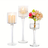 Qfdian  Set of 3 Glass Tall Tea Light Candle Holders, Elegant Clear Long Stem Pillar Candle Holders for Wedding, Party, Home Decor