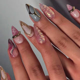 Qfdian  24pcs Long Stiletto Press on Nails Hot Girl Almond False Nails Nude Flower Rhinestones Full Cover Fake Nail Finished Manicure
