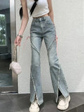 Qfdian  Korean Streetwear Casual Wide Leg Trousers Y2K Vintage High Waist Flare Jeans Women Fashion Bandage Slit Slim Denim Pants Summer