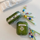 Qfdian  3D Flower Crystal Oil Painting Green Case For Airpods 4 anc keychain for airpods pro 1 2 3 Cover For Air Pods 3 Earphone Case
