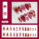 Qfdian  24pcs Ins 3D Bowknots Press On Nails Sweet Strawberry Pink Plaid Almond False Nails With Heart Shape Pearl Decor Fake Nail Tips