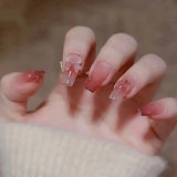 Qfdian  24 pieces of short trapezoid press-on nails, paired with 1 piece of jelly glue and 1 nail file
