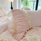 Qfdian  Pink Princess Style Pleated Lace Ruffles Carved Velvet Warm Soft Bedding Set Duvet Cover Flat/Fitted Bed Sheet Pillowcases 4Pcs