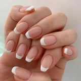 Qfdian 24Pcs Nude White French Fake Nail Short Square Nail Tips Fashion Wearable False Nails with Glue Simple Full Cover Press on Nails