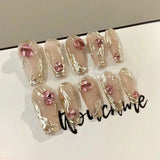 Qfdian 10pcs handmade french ballet press on acrylic nails magic mirror powder false nails rose designs fake nails removable nail