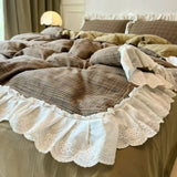 Qfdian  ‌Korean-Style Red Plaid Washed Bedding Set - Vintage Lace Trim 4-Piece/3-Piece Dorm Sheet & Duvet Cover Set