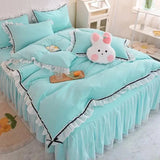 Qfdian Checkered Bedding Set Bed Skirt Ruffle Lace Princess Style Girls Duvet Cover Simple Solid Color Home Textiles Decor Bedroom