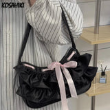 Qfdian Women All Match Fashion Office Lady Handbags Fairy Ruffled Bow Y2k Aesthetic Shoulder Bags Causal Vintage Elegant Underarm Bag