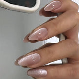 Qfdian 24pcs Simple Almond False Nails Sets Blush Design Press on Nails Art Datachable Short Oval Fake Nail with Jelly Glue Manicure