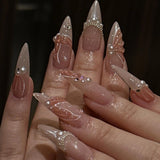 Qfdian 24Pcs Almond Press on Fake Nails Long French False Nails with Pink Bow Wearable Flower Design Oval Manicure Full Cover Nail Tips